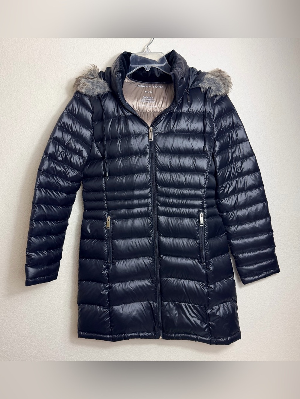 Andrew Marc Women’s Black Quilted Long Puffer Coat with Faux Fur Trim